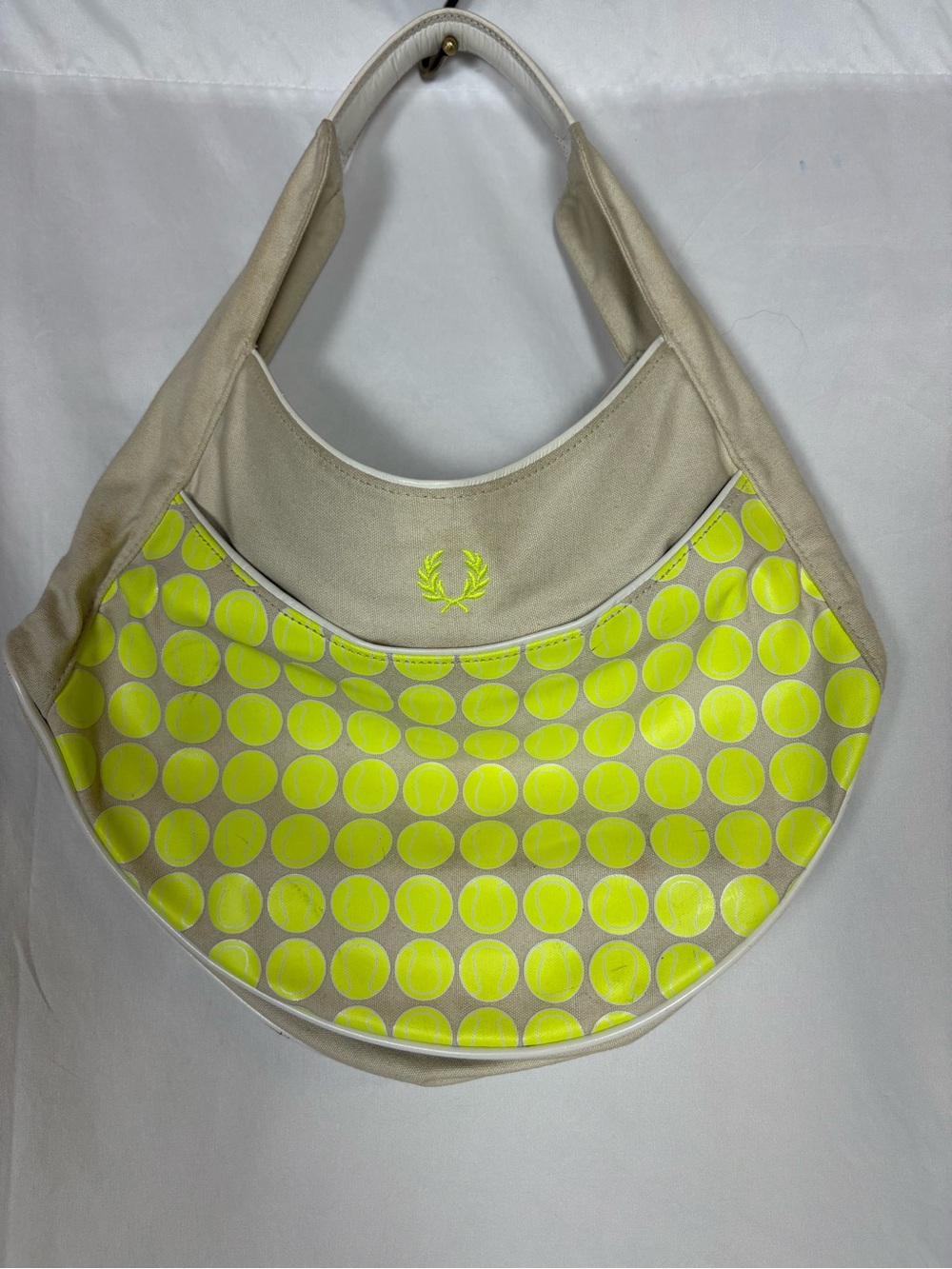 Fred Perry Beige Shoulder Bag with Neon Yellow Tennis Ball Print Front